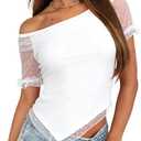 CSDAJIO Women's One Off the Shoulder Short Sleeve Sexy T Shirt Sheer Mesh Asymmetrical Top Summer Blouse White Medium