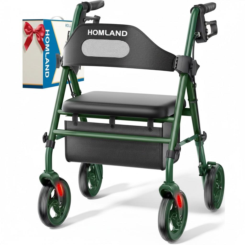HOMLAND Foldable Rollator Walkers with Seat for Seniors, 8'' Big Wheels, 350 lb. Weight Capacity, Adjustable Handles and Seat Height, Lightweight Rolling Walker, Light Blue