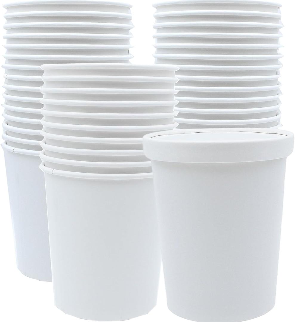 30 Pack 32oz Paper Ice Cream Bowls, White Paper Soup Containers with Lids, Microwave & Freezer Safe Food Cups, Large Takeout To Go Containers for Wedding, Restaurant Supplies