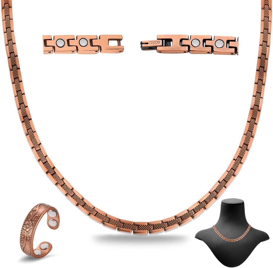 Copper Necklace for Men Women - Magnetic Necklace 99% Solid Pure Copper Ring Set Ultra Strength Magnets - with Adjustable Sizing Tool and Present Box (Square)
