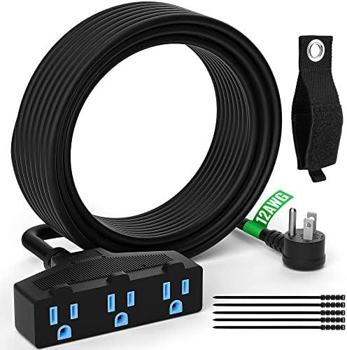 Outdoor Extension Cord 30 Ft with 3 Outlets, 12/3 SJTW 3 Prong Grounded Power Cord, 12 Gauge 12AWG Heavy Duty Power Cable, ETL Listed, 15 Amp 125 V 1875 W-Multiple Outlets for Indoor/Outdoor-Black