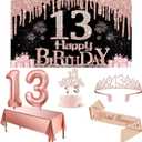 13th Birthday Decorations for Girls with Banner, Rose Gold Tablecloth, Number Balloons, Crown/Tiara, Candles, Official Teenager Sash and Cake Topper