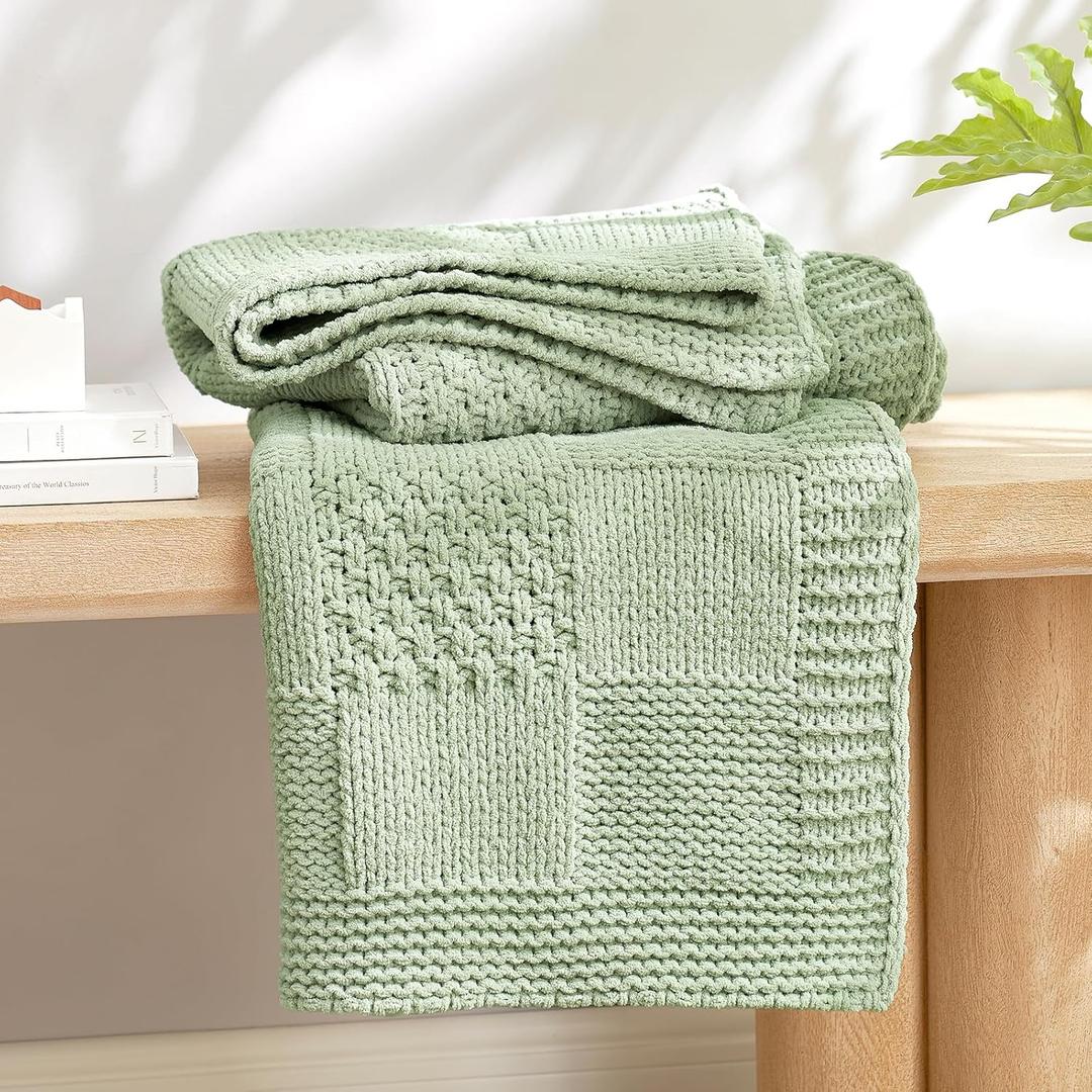 Amlie Home Checkered Chenille Knit Throw Blanket for Couch, Classic Texture Decorative Soft Blanket for Sofa, Chair & Bedroom, 50"x60", Sage Green