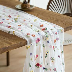 Embroidery Daisy Gauze Floral Table Runner 120 inch 10ft Seasonal Tulle Fabric Holiday Kitchen Dining Table Decoration for Bridal Shower Wedding, Birthday, Valentine's Day Party (Ivory)