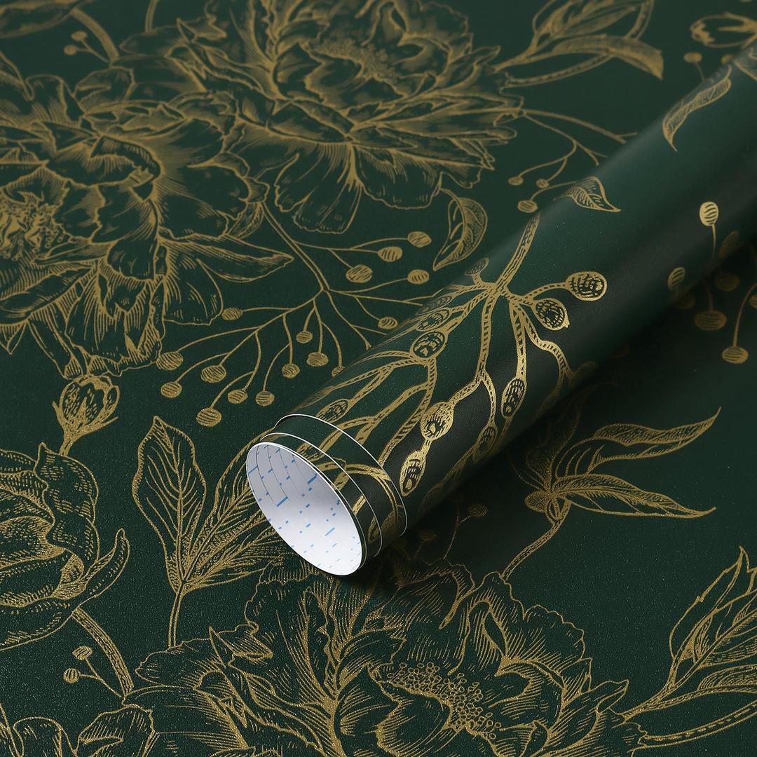 Safiyya Peel and Stick Wallpaper Boho Floral Contact Paper 393" x 17.3" Gold and Dark Green Wall Paper Modern Self Adhesive Removable Wallpaper for Bedroom Bathroom Vinyl Rolls