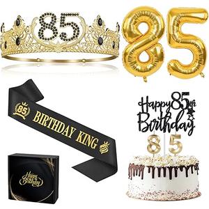 85th Birthday Gifts for Men, 85th Birthday Decorations for Men, Party Decor Supplies Including King Crown & Sash & Balloons & Cake Topper & Candles