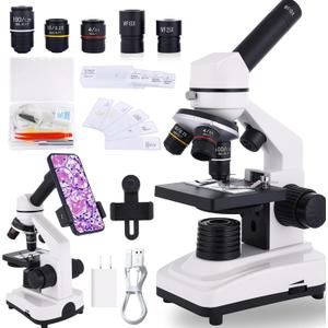 Microscope for Adults & Kids, 40X-2500X High-Power Compound Microscope for Students, School Lab & Home Schooling,Equiped with Slides Set & Phone Holder (White)