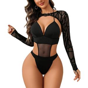 Avidlove Rave Outfits for Women Festival Sexy Lingerie Bodysuit Buckle Shrug Crop Top Set (Large, Black Geometric)