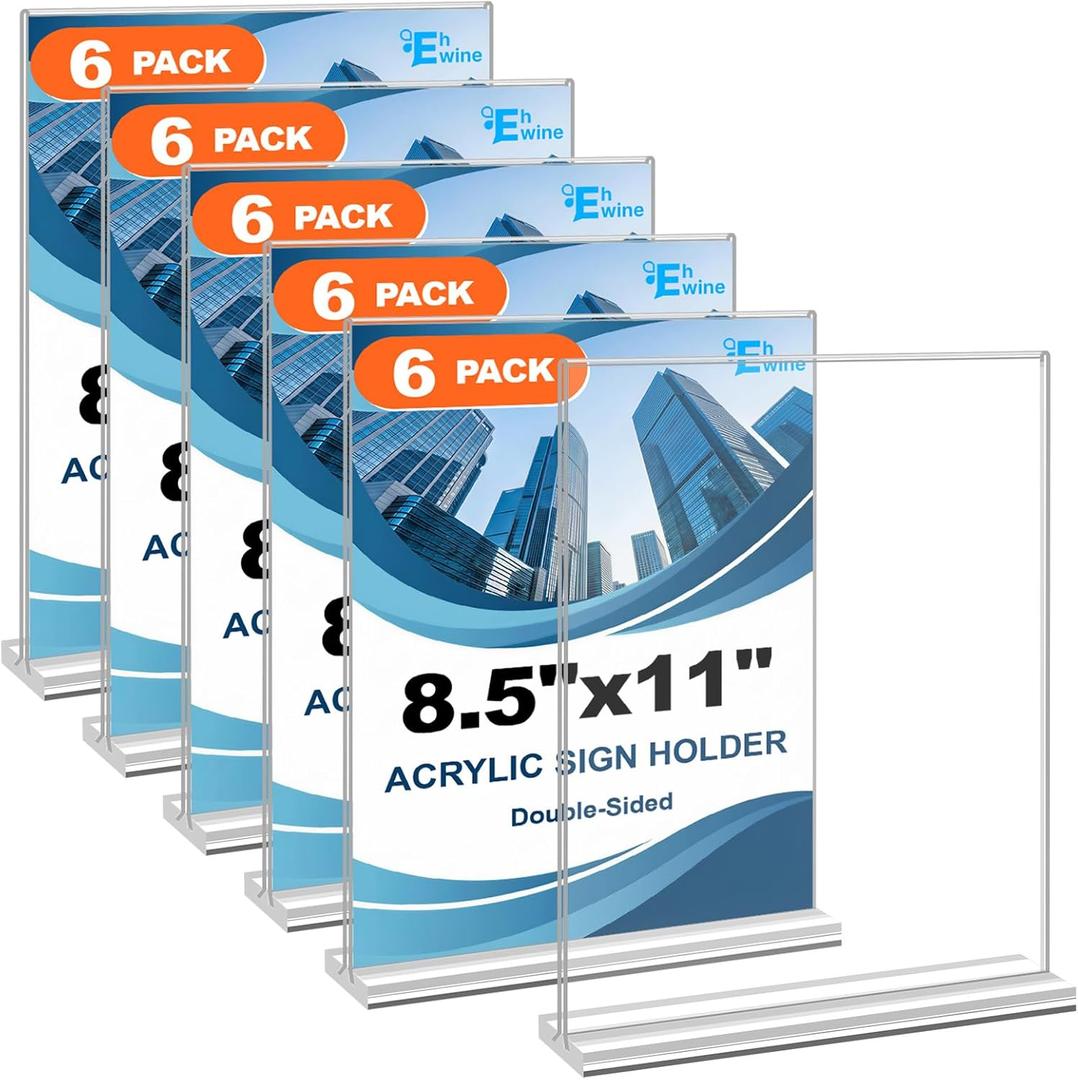EHWINE 6 Pack Acrylic Sign Holders - 8.5 x 11, Double-Sided Stand Up Table Top Sign Holders, Clear Acrylic Picture Frame Menu Flyer Paper Display Stand for Office Business Store Wedding Party