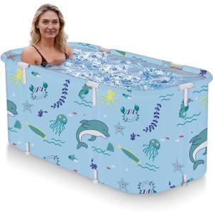 Foldable Bathtub for Adults, Portable Collapsible Travel Tub, Large Spa & Camping Soaking Tub for Relaxation, Leak-Proof PVC Material, Space Saving Design for Home & Outdoor Use (Sea AA)