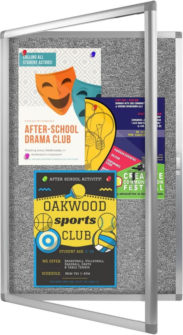 Enclosed Bulletin Board, Outdoor Weatherproof, Display Case Message Board with Acrylic Locking Door, Felt Grey, Aluminum Frame,36x24 Inch (5xA4)