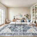 AMADA HOMEFURNISHING 8x10 Washable Area Rug, Low-Profile with Non-Slip Backing & Durable Edge Binding, Vintage Large Rugs for Living Room, Bedroom, Dining Room, Blue