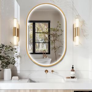 32"x20" Oval Led Mirror for Bathroom, Gold Metal Framed Lighted Vanity Mirror with Lights, Anti-Fog Light Up Mirror with 3 Colors Dimmable, Frontlit, Shatterproof, Horizontal/Vertical