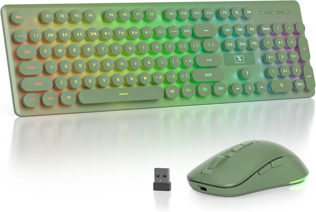 Backlit Wireless Keyboard and Mouse, 2.4GHz Light Up Typewriter Rechargeable Cordless Quiet Keyboard with USB Receiver for PC/Laptop(Dark Green)