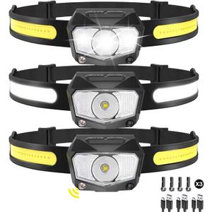 Headlamp Rechargeable 3Pack, 230Wide Beam COB & 60 Super Birght LED Head Lamp with White Red Light, 7Mode Head Lights for Forehead with Motion Sensor, Headlamps for Adults Camping Running Hiking