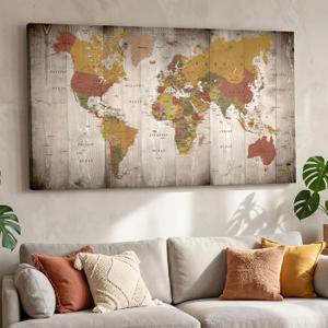 58"x29" Retro World Map Canvas Wall Art, Living Room Office Wall Decor