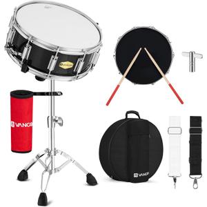 Vangoa Snare Drum Kit with Remo Head 14" x 5.5" Student Marching School Band Beginner Practice Snare Drum with Stand, Drumstick Holder, Padded Gig Bag, Mute Pad, Neck Strap, and 5A Drum Sticks, Black