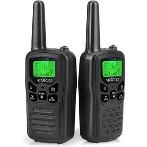 MOICO Long Range Walkie Talkies for Adults with 22 FRS Channels, Family Walkie Talkie with LED Flashlight VOX LCD Display for Hiking Camping Trip (Black 2 Pack)