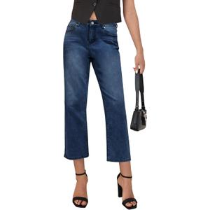 LookbookStore Cropped Jeans for Women High Waisted 90s Baggy Straight Stretchy Denim Pants Trendy Jeans with Pockets (X-Large, Nightfall Blue)