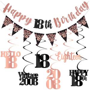 18th Birthday Decorations for Girls, Black Rose Gold Happy 18th Birthday Banner Hanging Swirls Vintage 2008 Birthday Decorations Kit Hello 18 Party Supplies