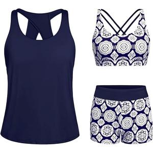 Tempt Me 3 Piece Swimsuit for Women Tankini Bathing Suit Modest High Neck Tank Tops Swimwear with Shorts, Small