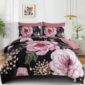 Luxudecor Floral Comforter Set King,7-Piece Bed in a Bag
Pink Flower Print,Black Bedding Set,Soft Reversible Comforter with Sheets,Pillowcases,Pillowshams