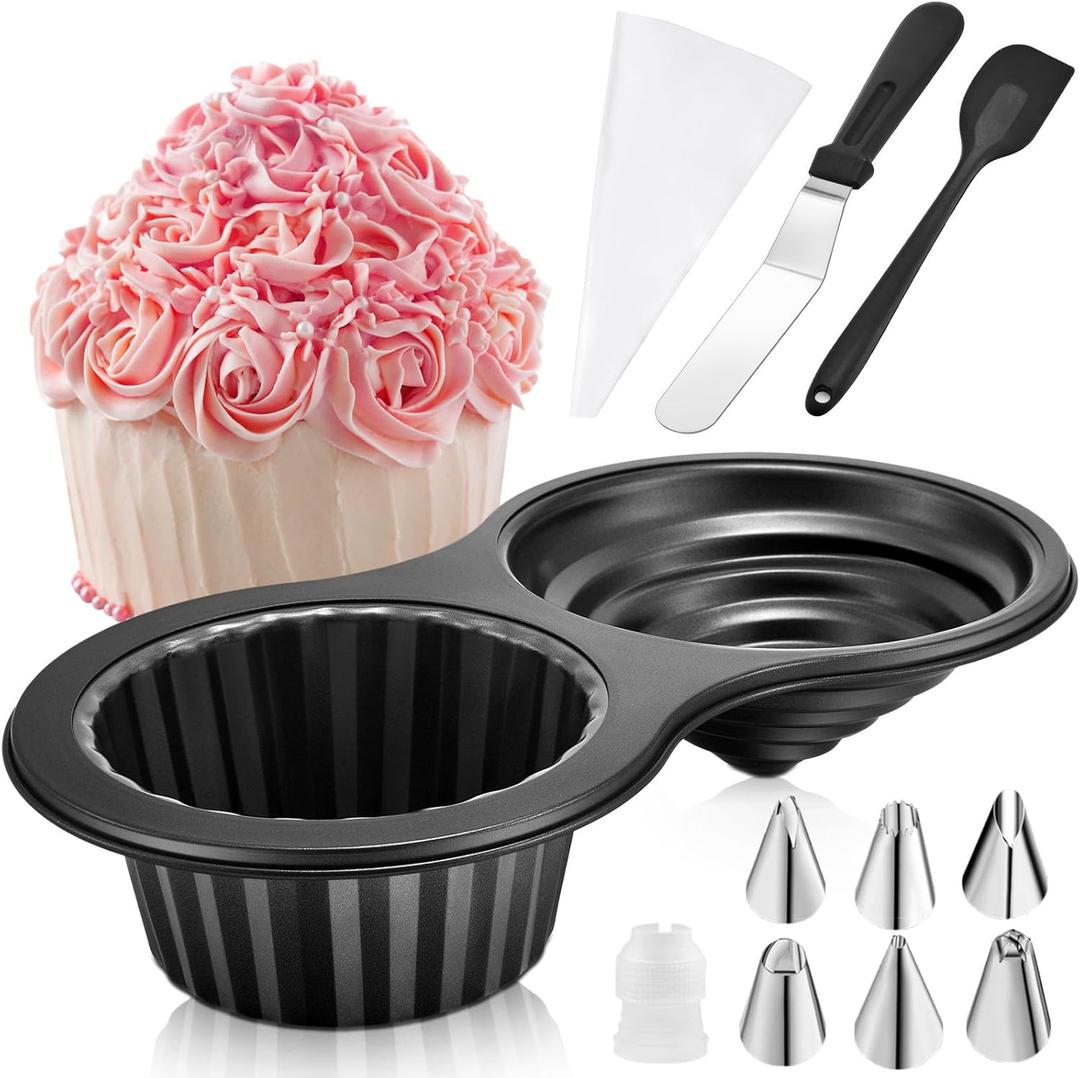 Giant Cupcake Pan 15x 8in set Cake Decorating Supplies Kit,Jumbo Cupcake Cake Mold with Stainless Steel Spatula Silicone Scraper Icing Piping Tips Icing Comb Scraper for Cake Baking Supplies