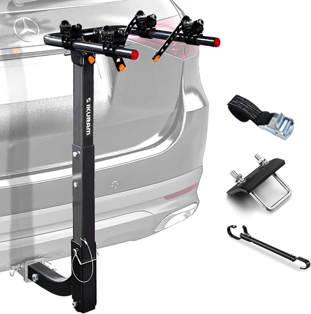2 Bike Rack Bicycle Carrier Racks Hitch Mount Double Foldable Rack for Cars Truck SUV Fits 2" Receiver, Tie Down Strap, Anti-Rattle Hitch Tightener & Bicycle Cross-bar Adapter for Kids Bike