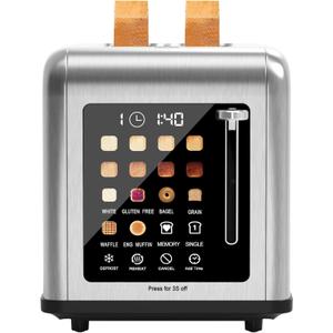 2 Slice Toaster Touch Screen, Stainless Steel Toasters Digital Timer 2 Slot Toasters, 8 Shade Settings 6 Bread Types for Bagel, Cancel, DefrostStainless Steel