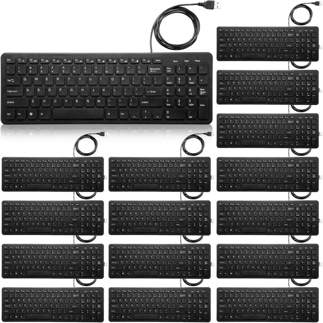 Kanayu 16 Pcs Wired Keyboard Bulk Slim Low Profile USB Keyboard with Number Pad USB Plug Connectivity Computer Keyboards Compatible with PC/Laptop/Windows, Black