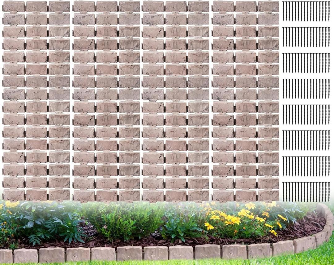 Landscape Edging Faux Stone Garden Edging Border with Anchoring Spikes,2.75 in Tall Decorative Stone-Look Garden Border for Flower Bed Edging,Lawn,Landscaped Yard,Trees and Gardens,91FT,Brown