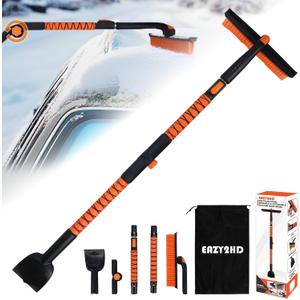 Eazy2hD 3 in 1 Bendable Silicone Snow Brush with Ice Scrapers, 65.75" Extendable Window Ice Removal with Squeegee for Windshield, 360 Pivoting Brush Head Cleaner Tool for Car, Truck, SUV (Large)