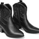 DREAM PAIRS Women's Western Cowboy Cowgirl Embroidered Ankle Boots Fashion Low chunky Heel Round Toe Fall Short Booties Shoes,Size 10,Black 