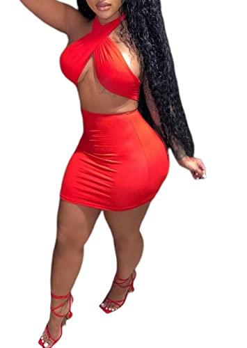 HLSIN Women's Sexy 2 Piece Dress Ruched Sleeveless Crop Top Mini Skirt Set Club Orange M