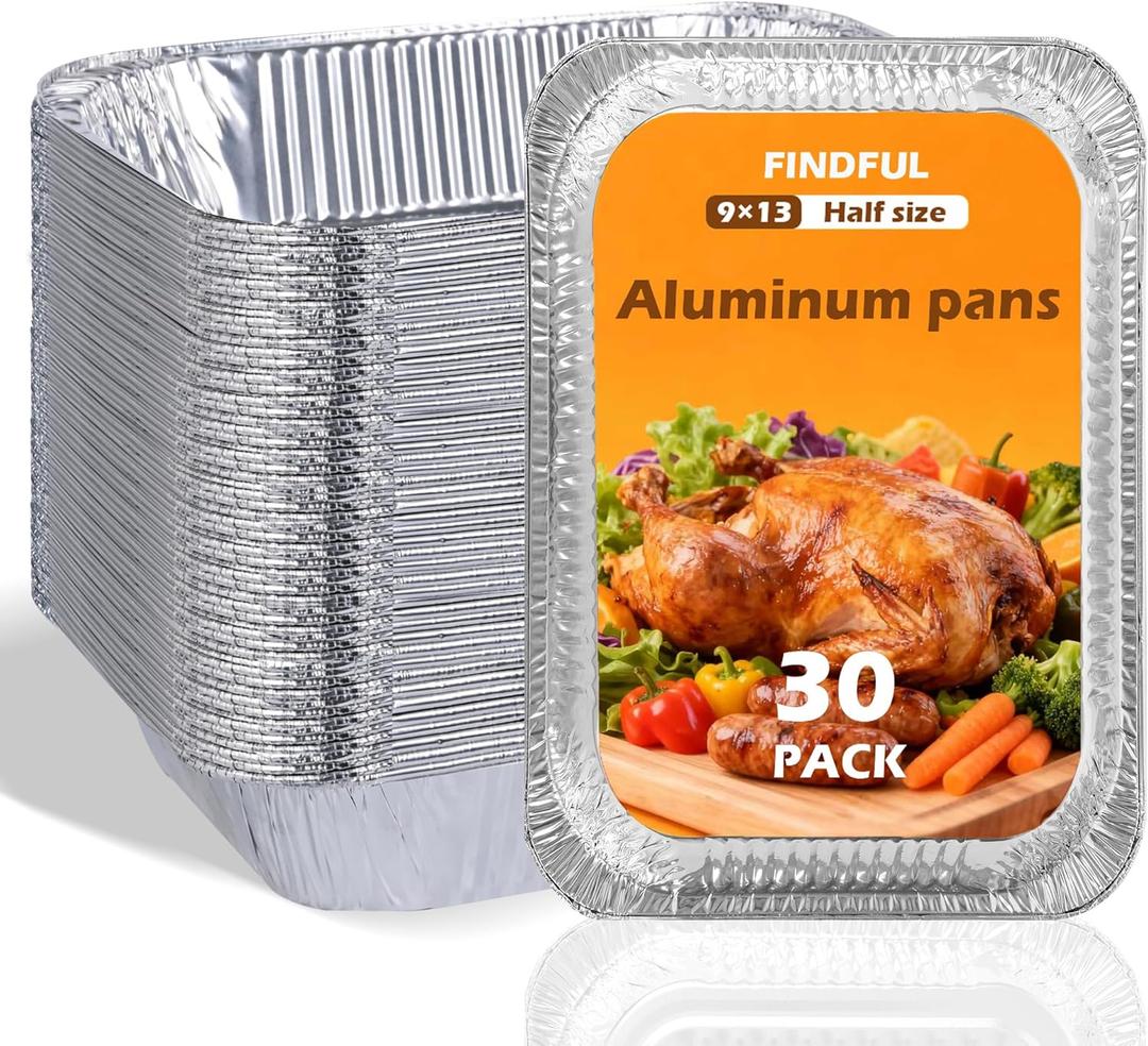 Findful Aluminum Pans 9x13 (30 Pack)  Foil Pans, Aluminum Trays for Cooking, Baking, Storing & Prepping Food  Tin Foil Pan, Disposable Baking Pan  Heavy-Duty, Leak-Proof & Oven-Safe