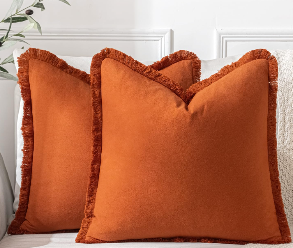 MIULEE Throw Pillow Covers Fall Boho Farmhouse 22x22 Set of 2 Decorative Rust Couch with Fringe Chic Cotton Pillowcases Home Decor Accents for Cushion Soft Bed Living Room