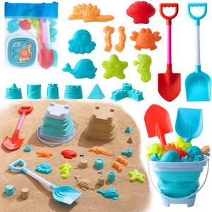 Beach Toys for Kids - Sand Toys Set Includes Collapsible Bucket Shovel and Mesh Bag 19 PCS, Toddlers Sandbox Toys Sandcastle Building Kit (Kids Beach Toy Set)