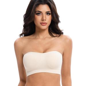 Lusait Strapless Bras for Women Non-Slip Seamless Padded Bandeau Bra Wireless Convertible Tube Top Bralette Beige 2XL