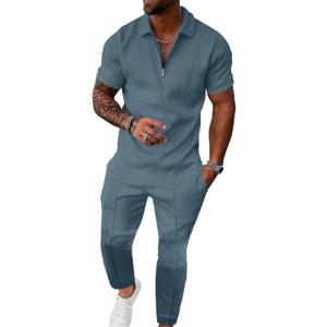 UOUA Mens Sweat Suits Set Tracksuit 2 Piece Outfits Short Sleeve Casual Sweatshirt & Loose Jogging Pants, Denim Blue, XX-Large