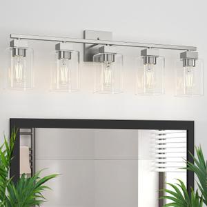 5 Light Bathroom Vanity Light - Brush Nickel Bathroom Light Fixtures Square Design & UL Certification, 31 Inch Long Light Fixtures Over Mirror for Bedroom & Restroom