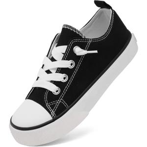 Toddler Little Kid Cushioned Canvas Shoes Slip On Sneakers Soft and Durable (Black White, 10 Toddler)