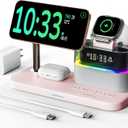 Compatible with Qi2 Certified 15W Charging Station with Alarm Clock and Night Light,Fast 5 in 1 Mag-Safe Wireless Charger Stand for iPhone 17 16 15 14 13 12 Pro Max,Apple Watch,Air-Pods(Pink)
