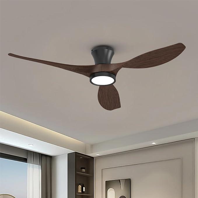 TALOYA 52 Inch Ceiling Fans with Led Lights Remote Control Flush Mount Low Profile for Bedroom Farmhouse Patio Outdoor Living Room Kitchen Dining Room,DC Motor,Reversible,Buzzer ON/Off,Black Walnut