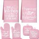 Sratte Set of 6 Kitchen Decor Accessories Set Farmhouse Towels Pot Holders Oven Mitts Set 2 Dish Towels 2 Potholders 2 Cooking Mittens Oven Glove for Baking Cooking Supply (Pink, Kitchen)