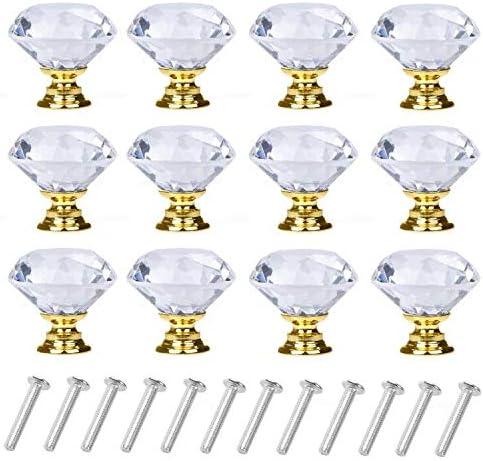 6 Pack Drawer Knobs Diamond Shaped Crystal Glass 30mm Cabinet Knobs Pull Handles (30 mm, 6 Pack, Gold)
