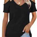 Minclouse Women's Summer Short Sleeves Tops Cold Shoulder V Neck Shirts Casual Strappy Tees (XX-Large, Black)