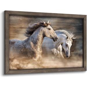 Framed Horse Wall Art Picture: Two Horses Art Running Horse Painting Horse Artwork Painted Wood for Bedroom(12x16) (16L" x 12W")