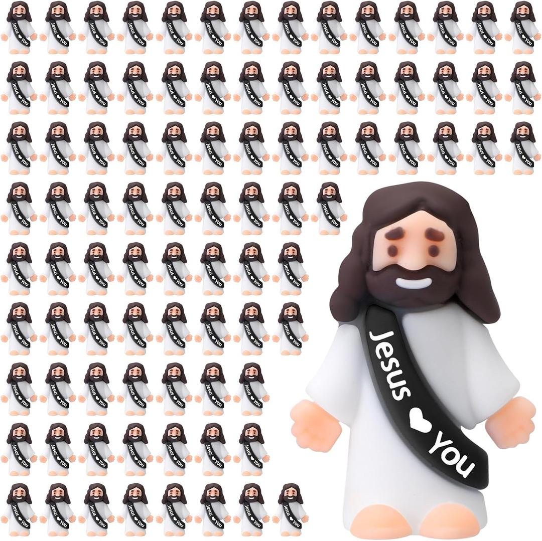 Bememo 100 Pcs Little Jesus Figures Jesus Loves You Original Design Rubber Pocket Toys Little Figures to Hide and Seek Sunday School Religious Party Share Gifts(Black)