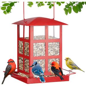 Bird Feeder, Heavy Duty Metal Bird Feeders for Outdoor Hanging, Retro Red House Wild Birdfeeder, Rainproof & Waterproof, 6 LBs Extra Large Capacity
