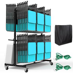 Eastrexon Updated Folding Chair Rack, Heavy-Duty Folding Chair Cart w/ 4 Swivel Wheels, Holds 12 Tables or 84 Chairs, Up to 1000 LBS Capacity, 2 Binding Ropes, 1 Dust Cover, 72L x 33W x 74H, Black